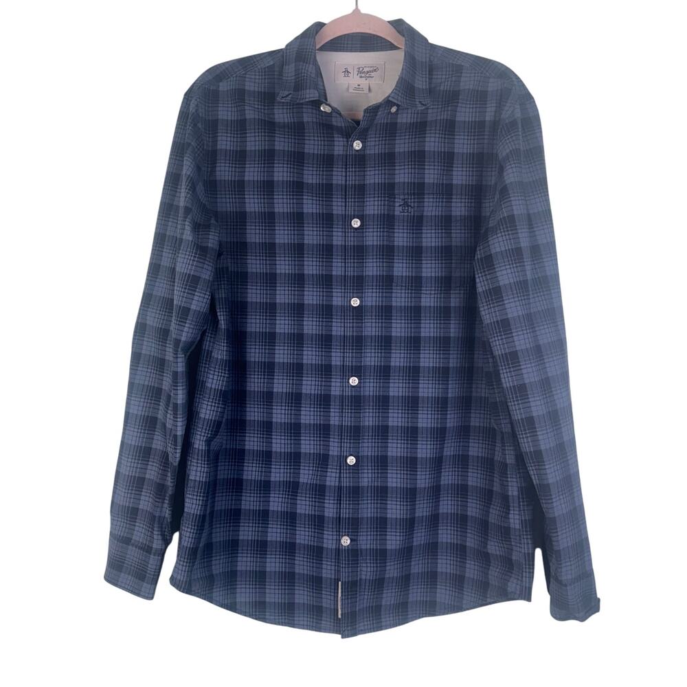 Penguin Heritage Men Medium Slim Fit Button-Down Blue Shirt Causal Office